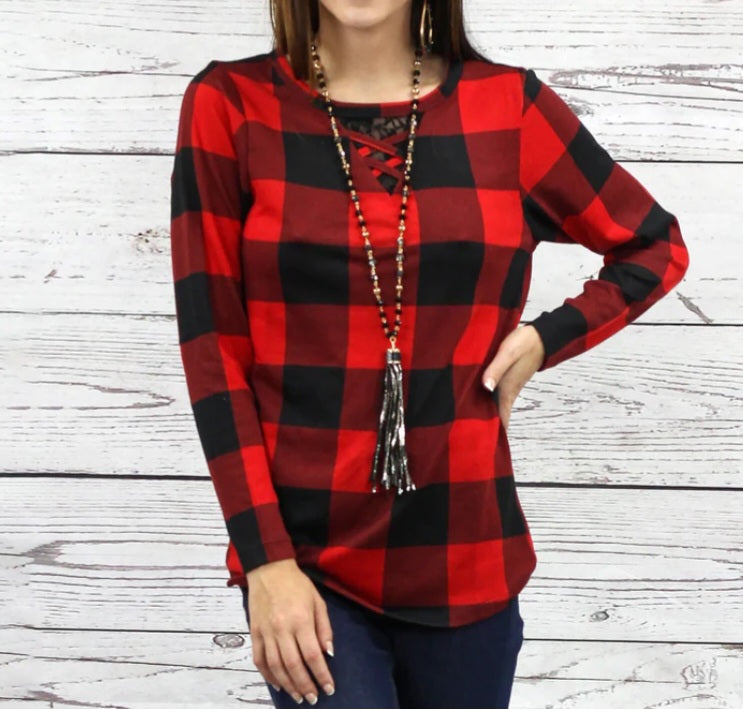 Red Buffalo Plaid Top Lace Up