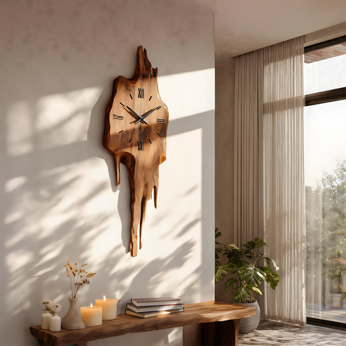 Artistic Wall Clock with Floating Edge, Handcrafted Solid Wood Abstract Hanging