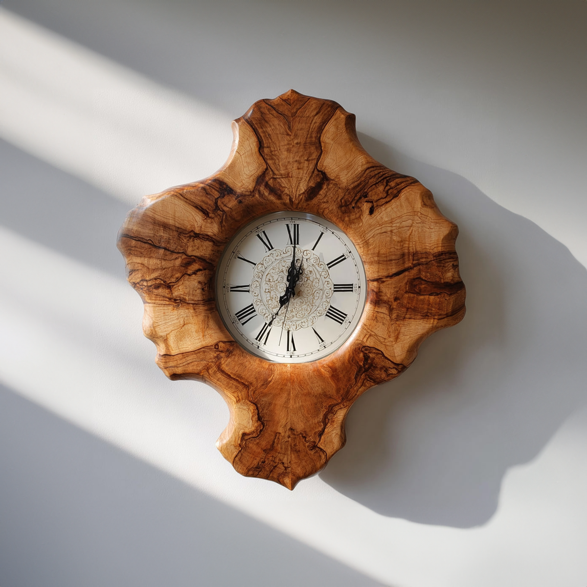 Rustic Organic Sculpted Wood Wall Clock, Handmade Abstract Tree Slice Clock