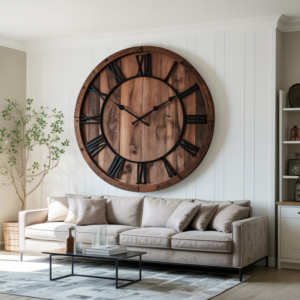Oversized Rustic Wall Clock with Roman Numerals, Large Farmhouse Wooden Clock - view 7