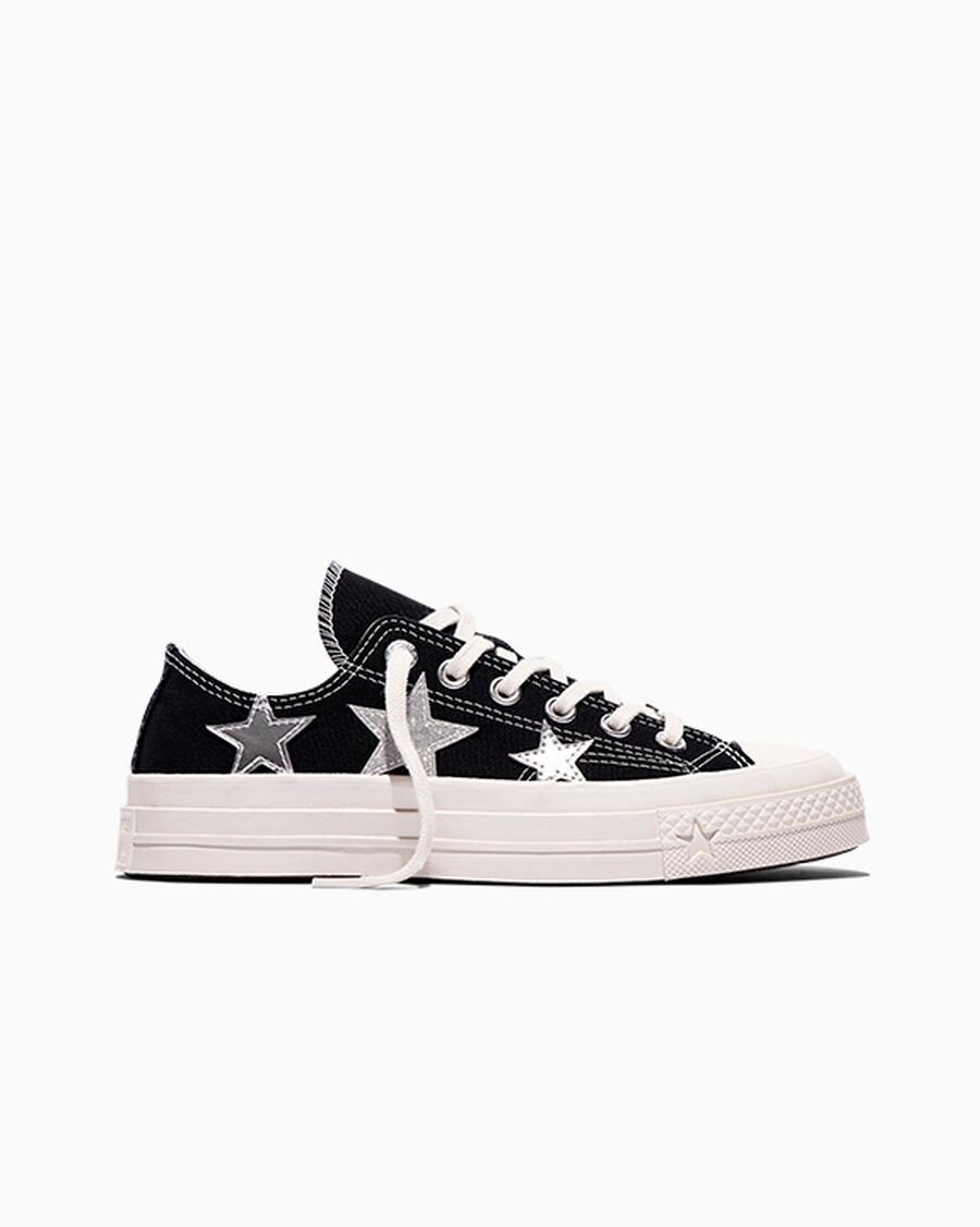 Canvas Low Top Sneaker With Silver Stars - Black/Dull Silver/Egret
