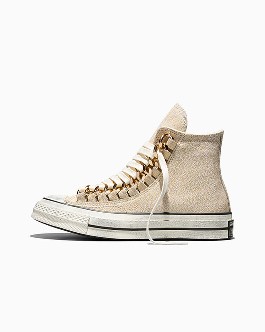 Leather High-Top Sneaker With Chain Detail - Egret/Egret/Black