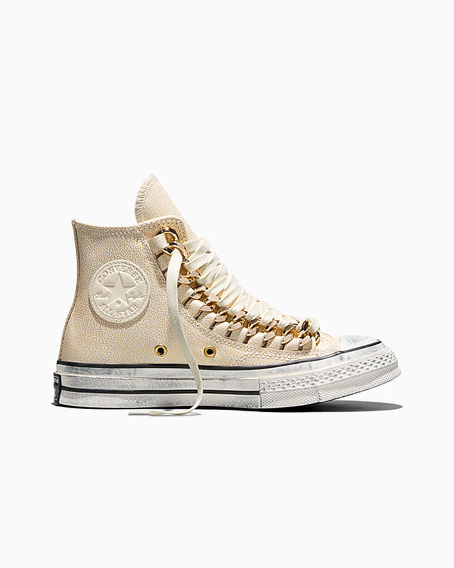 Leather High-Top Sneaker With Chain Detail - Egret/Egret/Black