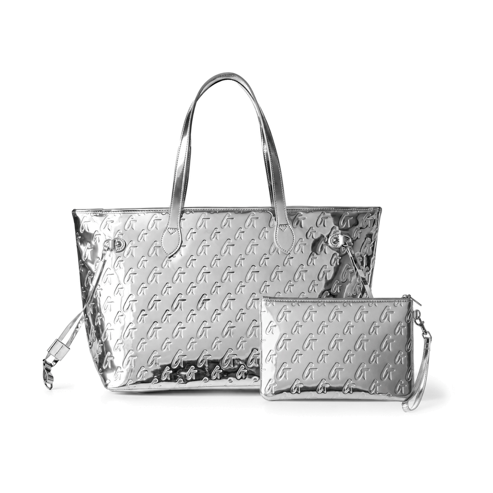 Vegan Leather Laptop Tote With Wristlet - Silver