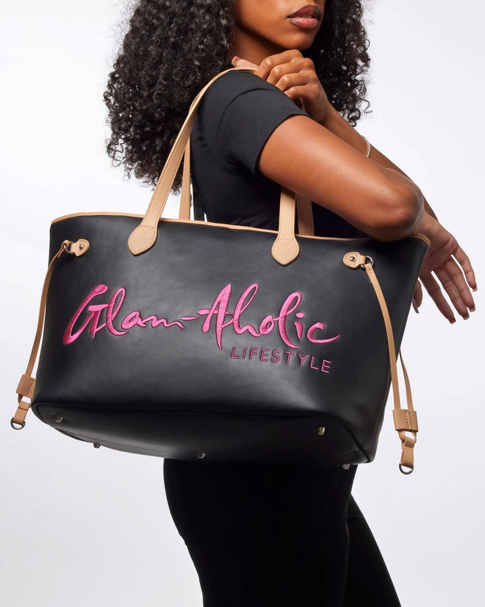 Vegan Leather Laptop Tote With Pouch - Black Pink