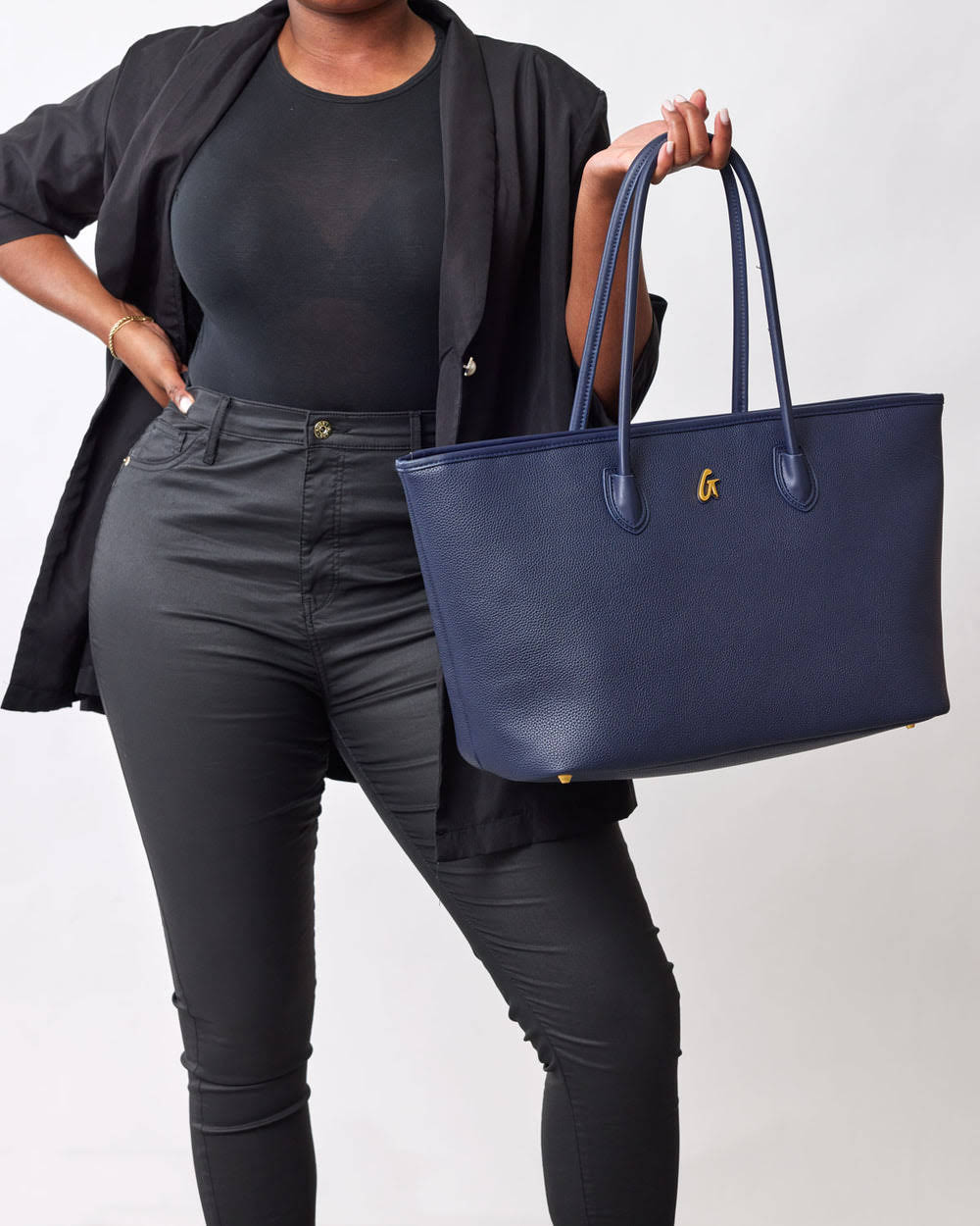Vegan Pebble Leather Tote Bag - Navy