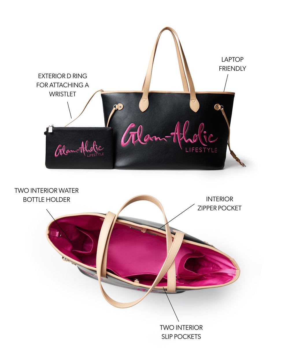 Vegan Leather Laptop Tote With Pouch - Black Pink