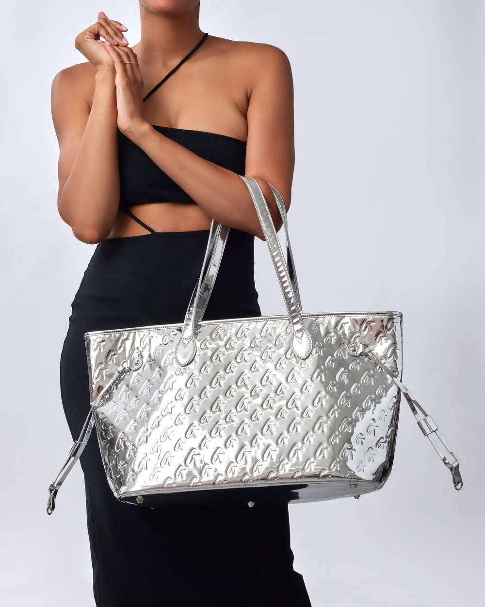 Metallic Vegan Leather Laptop Tote - Silver