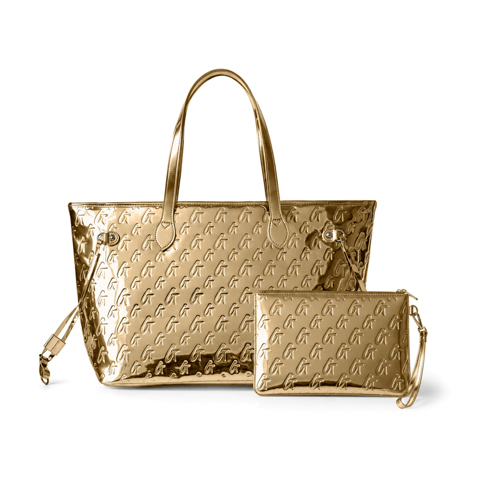 Metallic Vegan Leather Tote With Wristlet - Gold