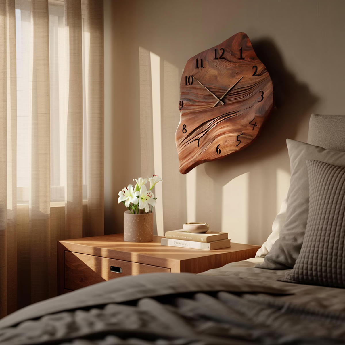 Minimalist Wall Clock, Handcrafted Organic Shape Solid Wood Decorative Timepiece - view 6