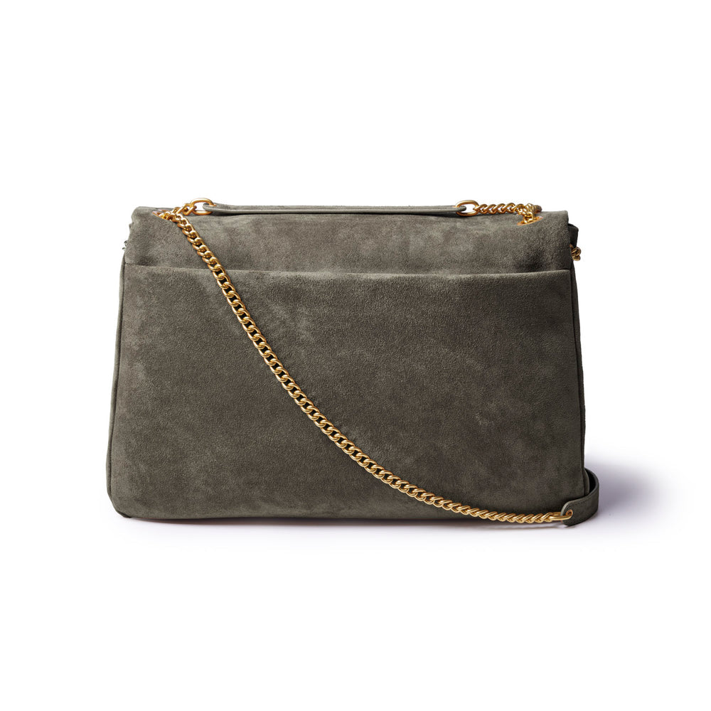 Large Vegan Suede Flap Bag - Olive Green