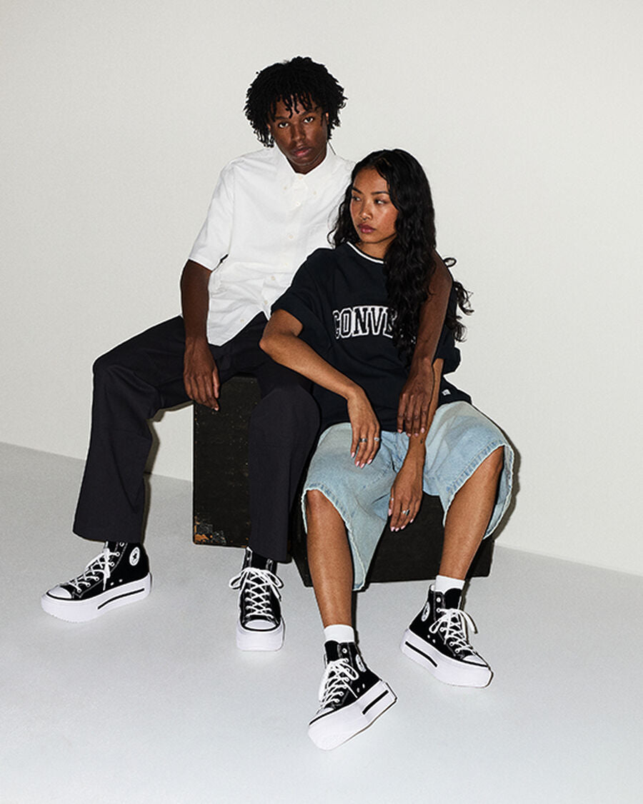 Double-Stack Canvas Platform High Top Sneaker - Black/White/Black