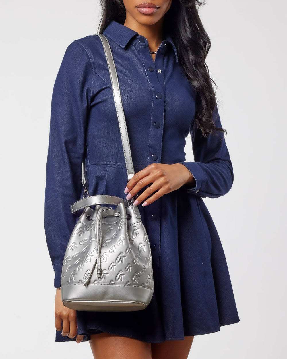 Medium Vegan Leather Bucket Bag - Platinum