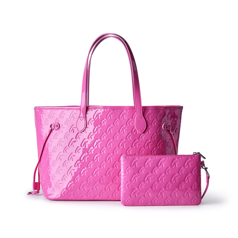 Vegan Leather Laptop Tote With Wristlet - Mirror Hot Pink