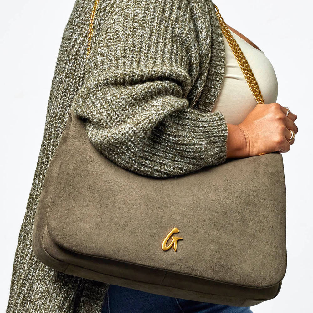 Large Vegan Suede Flap Bag - Olive Green