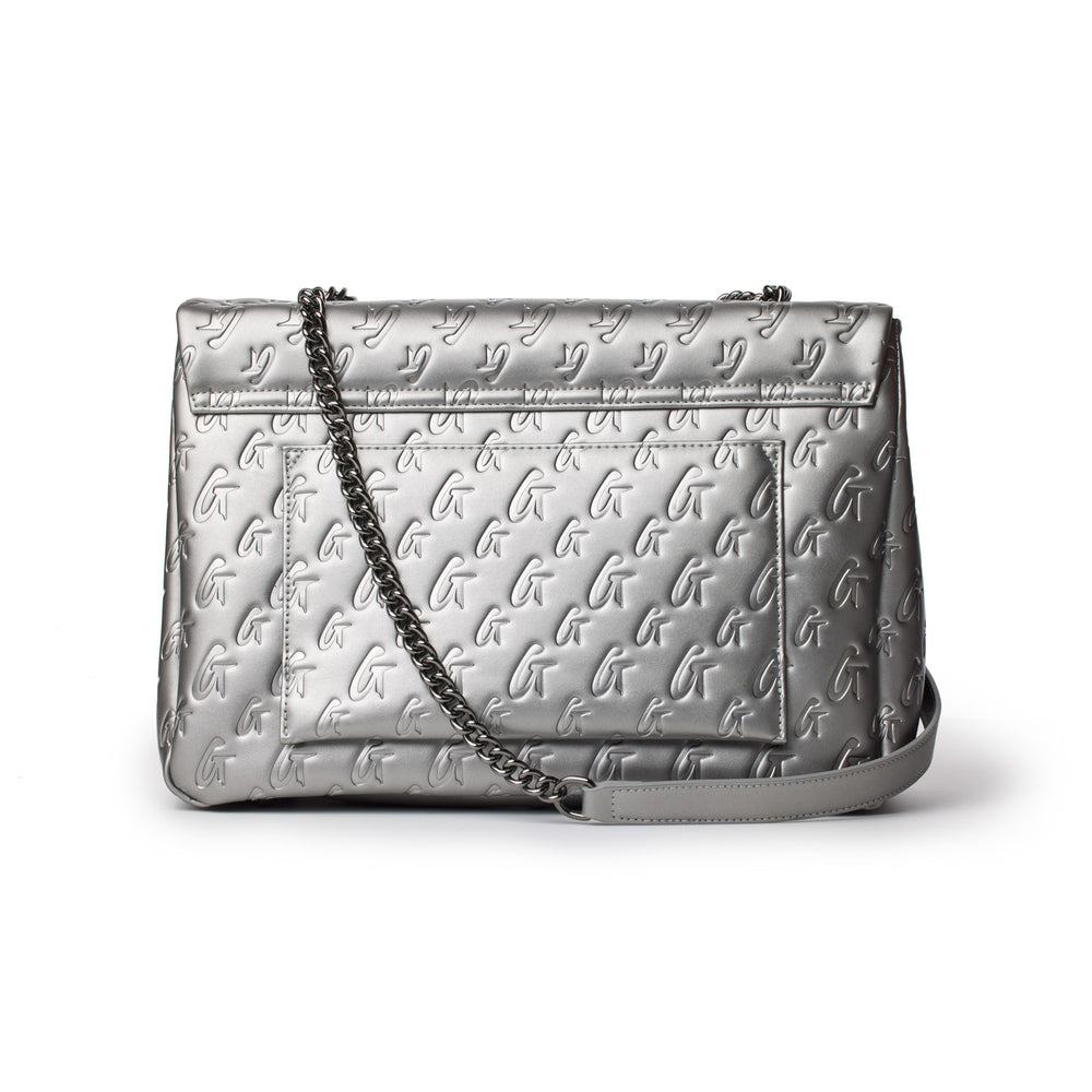 Large Vegan Leather Flap Bag - Platinum