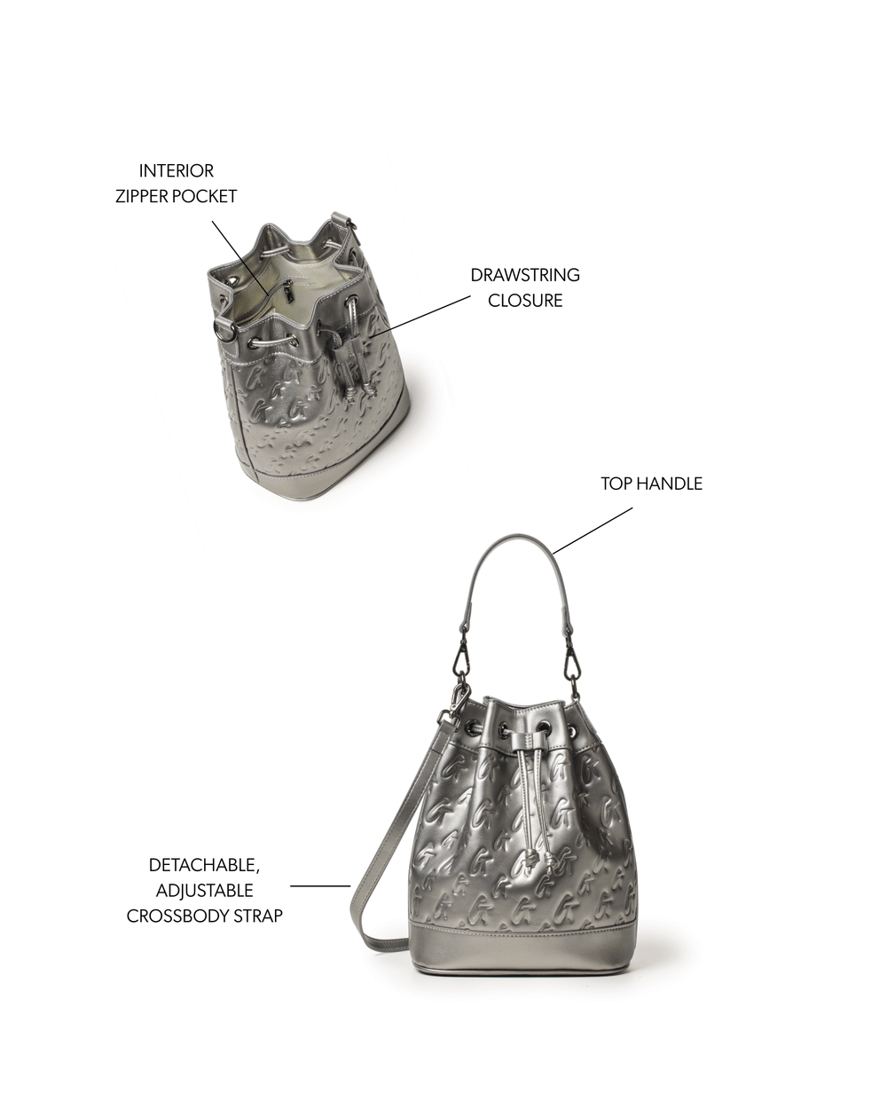 Medium Vegan Leather Bucket Bag - Platinum