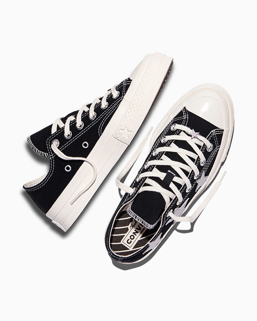 Canvas Low Top Sneaker With Silver Stars - Black/Dull Silver/Egret