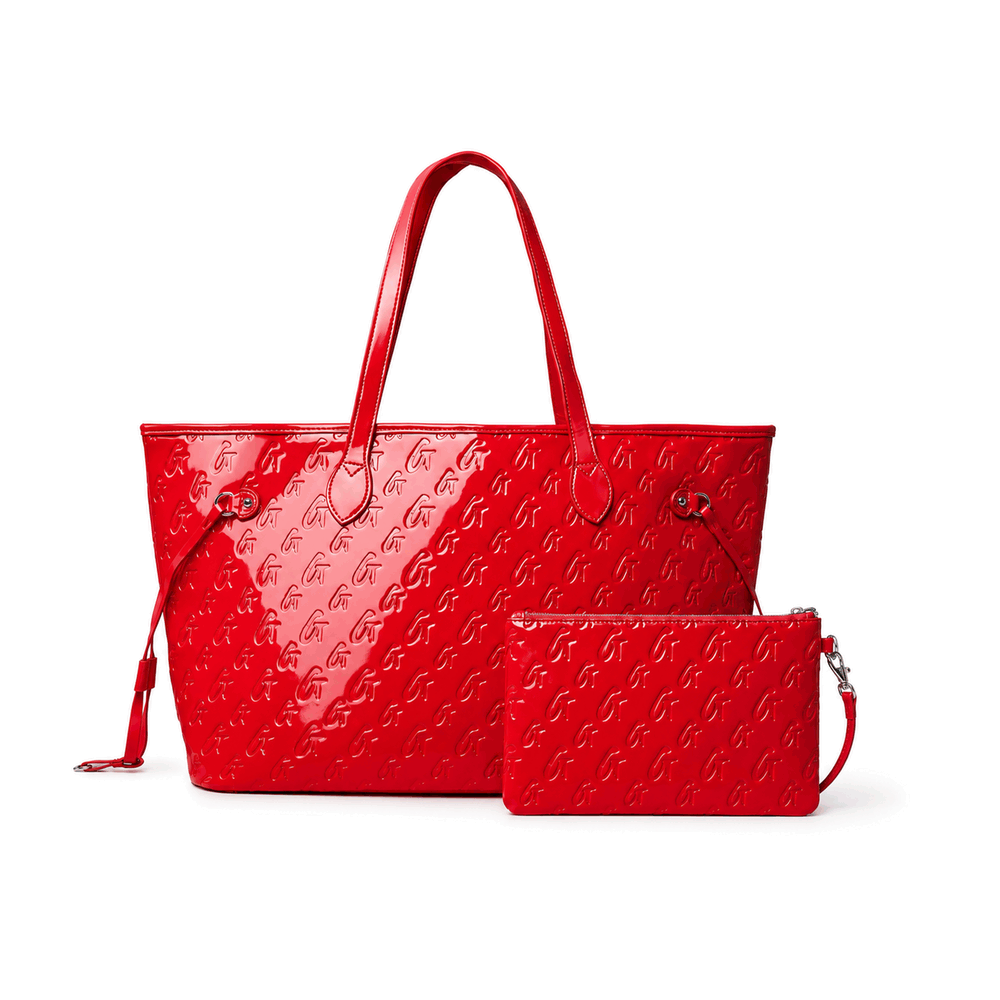 Vegan Leather Laptop Tote With Wristlet - Mirror Red