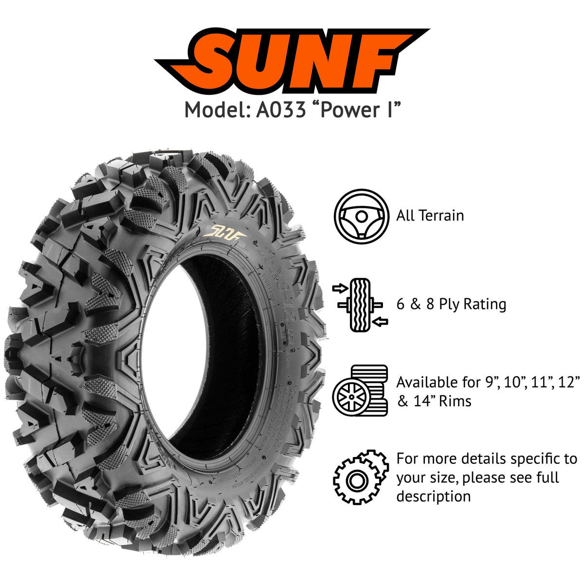 SunF All Terrain ATV UTV Tires 25x8-12 And 25x10-12 6 PR Set Of 4 - A033