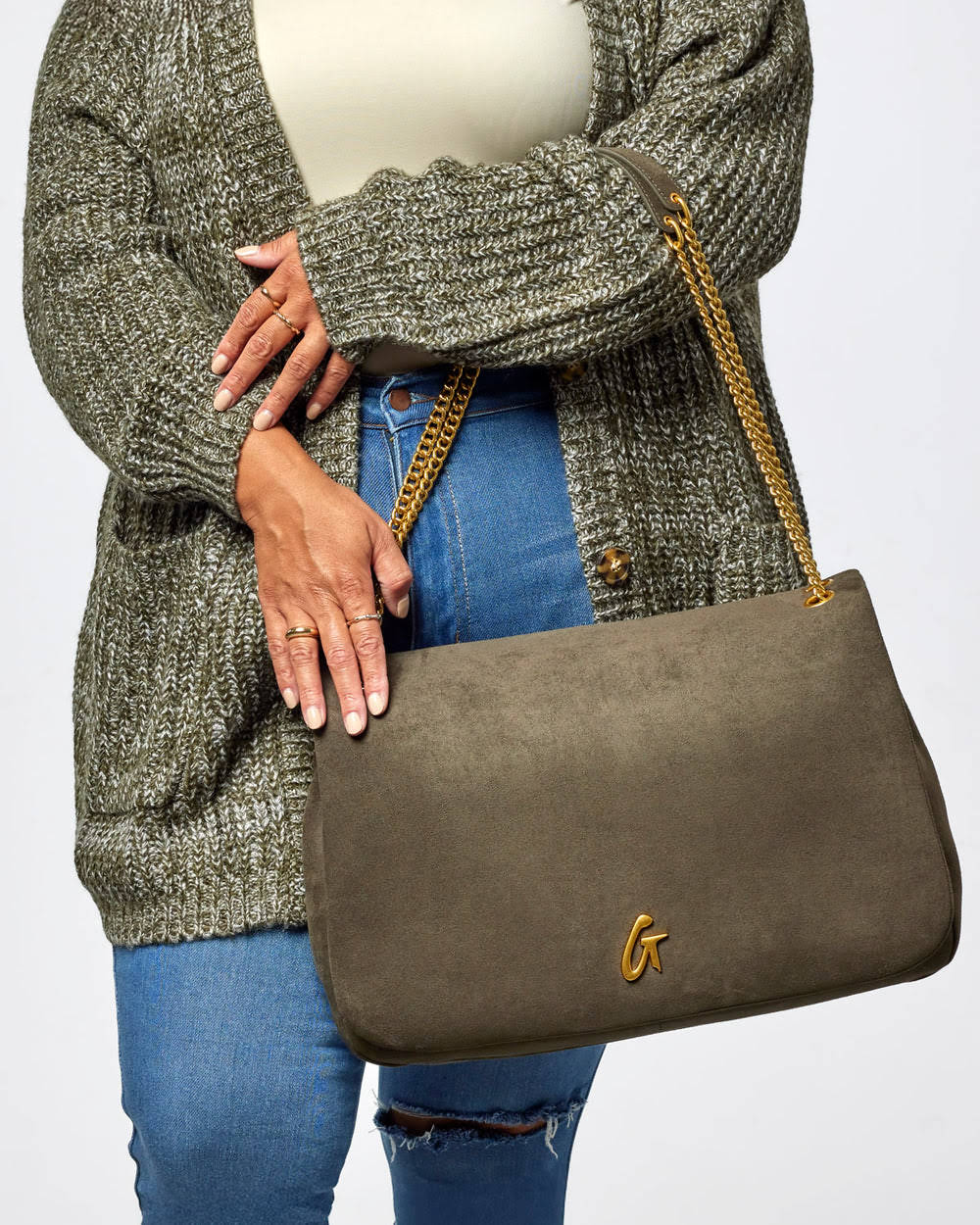 Large Vegan Suede Flap Bag - Olive Green