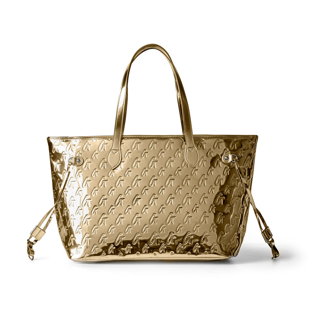 Metallic Vegan Leather Tote With Wristlet - Gold