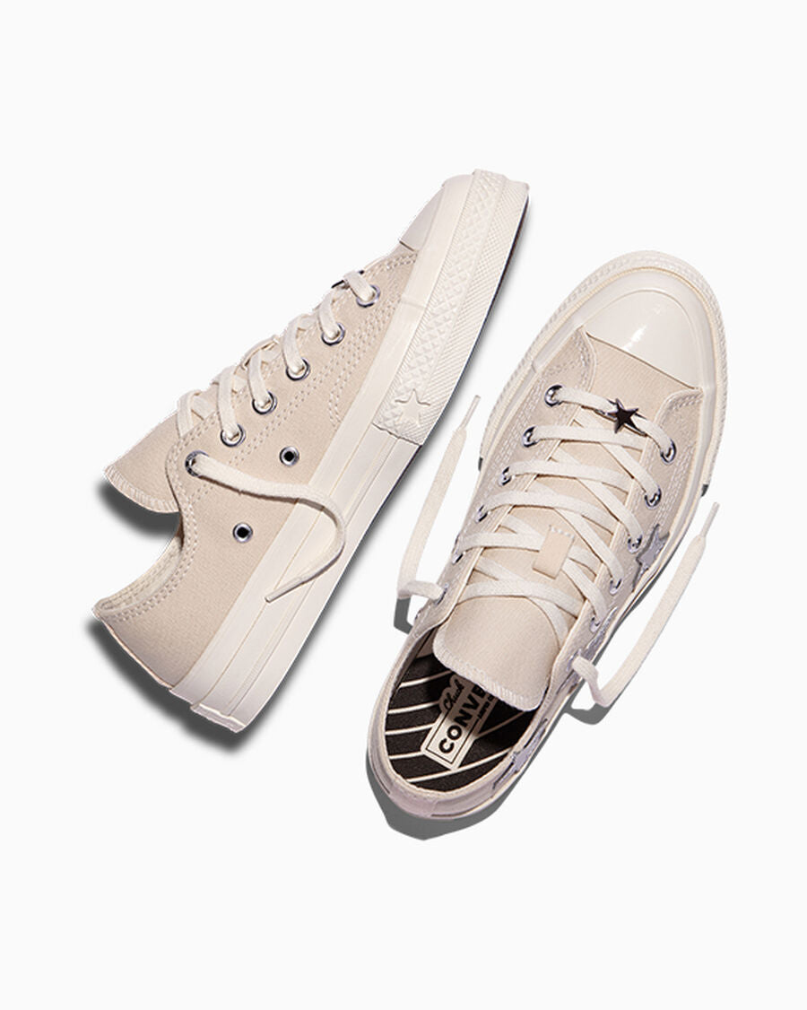 Canvas Low Top Sneaker With Silver Stars - Natural Ivory/Dull Silver