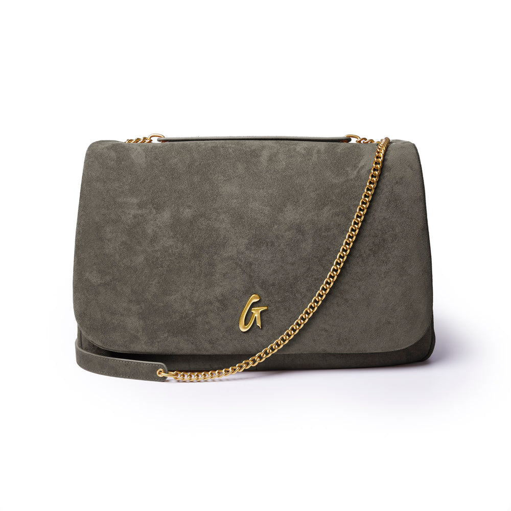 Large Vegan Suede Flap Bag - Olive Green