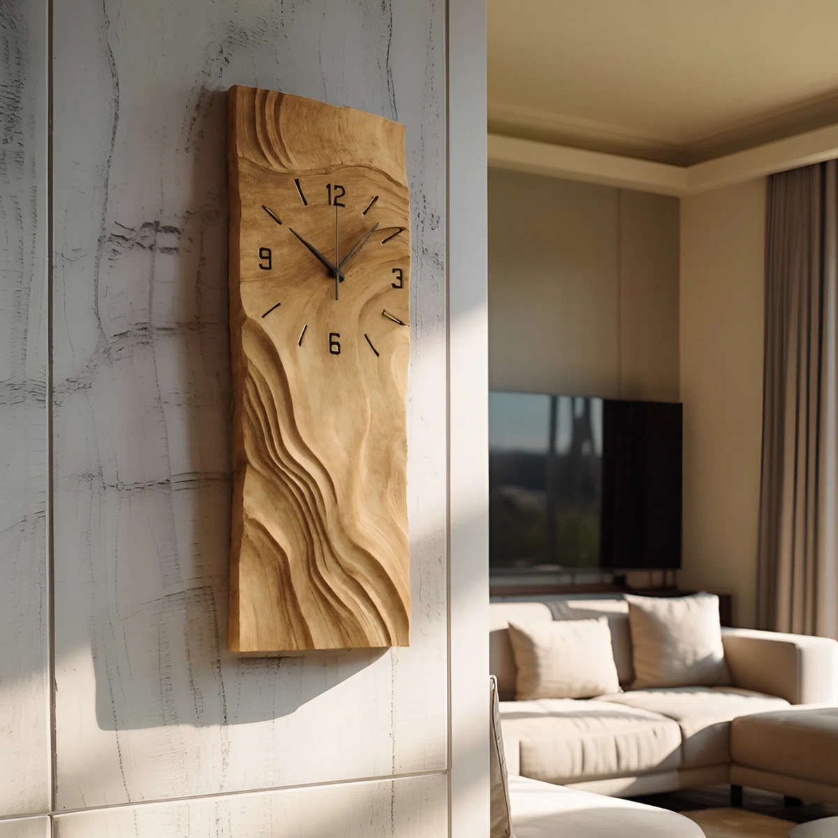 Organic Vertical Sculptural Wall Clock, Handcrafted Modern Wood Hanging Timepiece - view 5