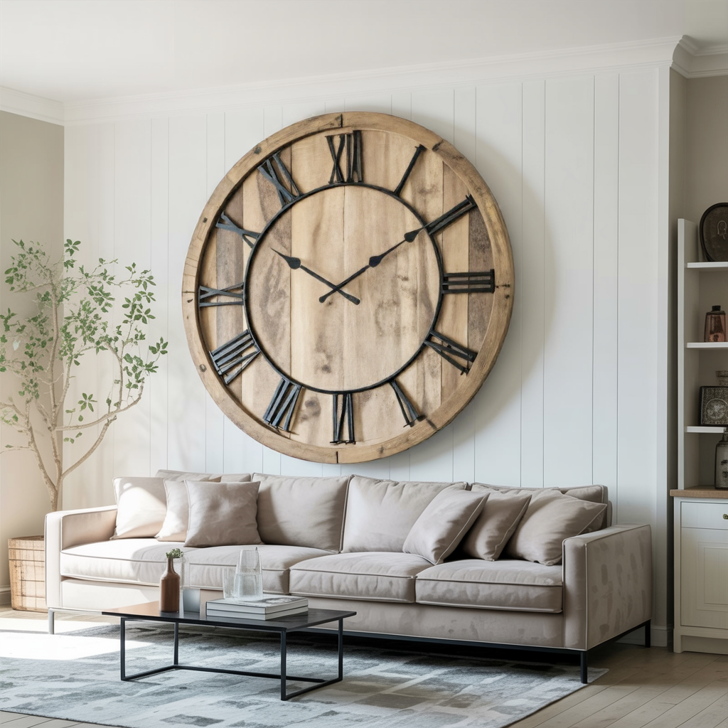 Oversized Rustic Wall Clock with Roman Numerals, Large Farmhouse Wooden Clock - view 5