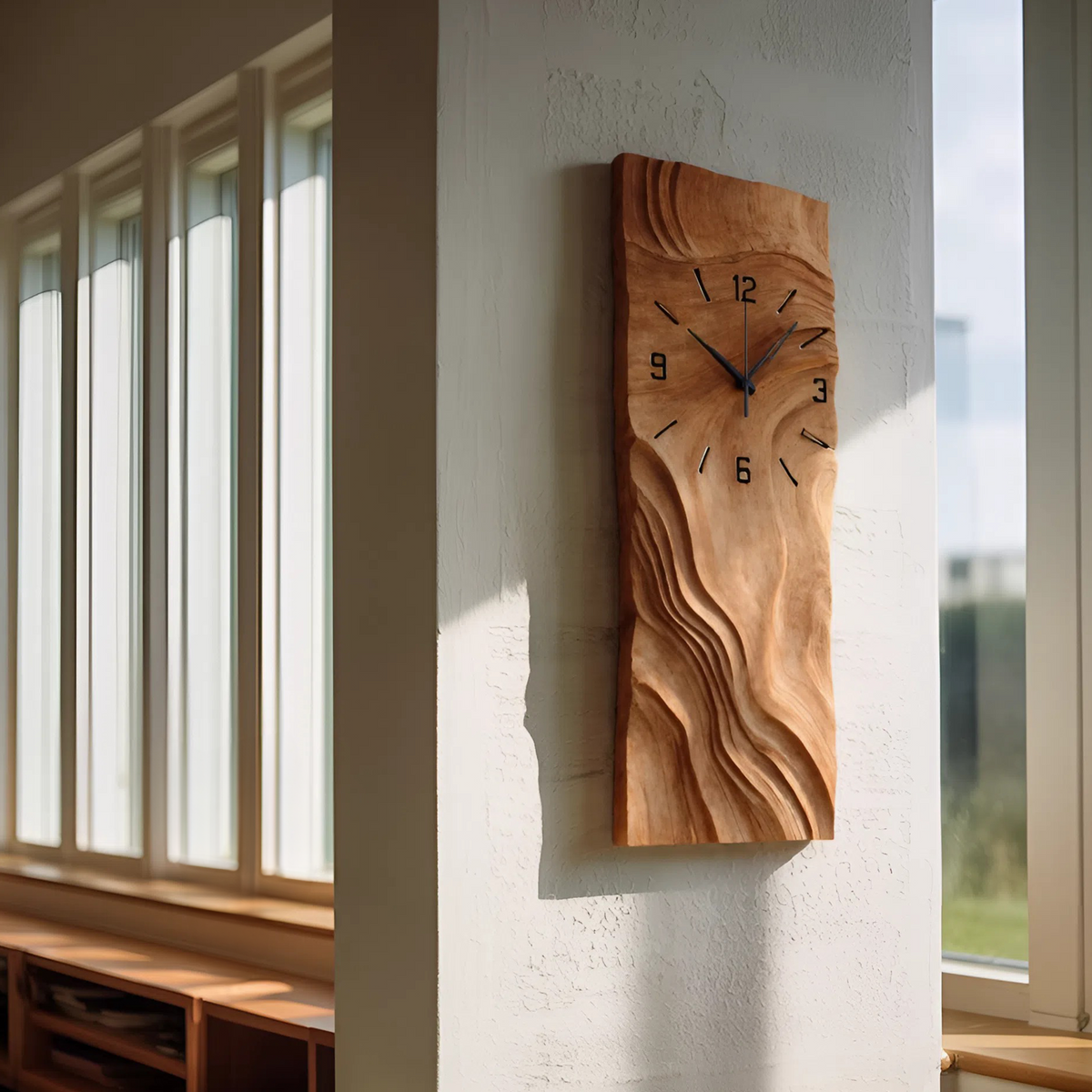 Organic Vertical Sculptural Wall Clock, Handcrafted Modern Wood Hanging Timepiece - view 3