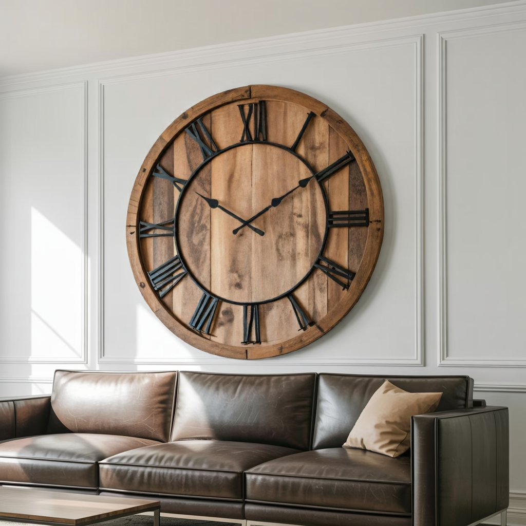 Oversized Rustic Wall Clock with Roman Numerals, Large Farmhouse Wooden Clock - view 3