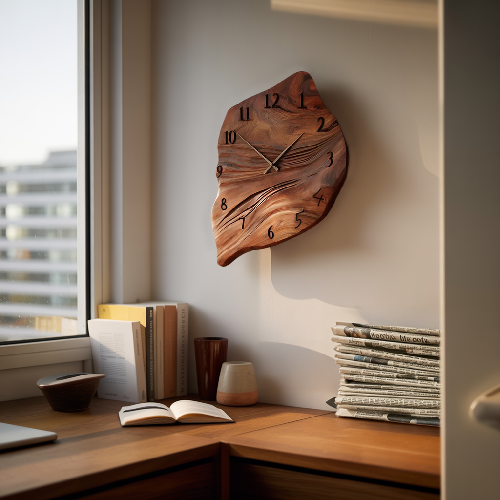 Minimalist Wall Clock, Handcrafted Organic Shape Solid Wood Decorative Timepiece - view 2