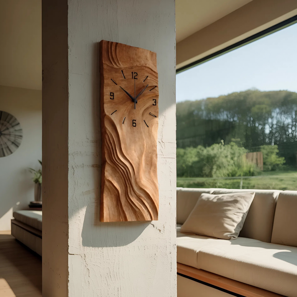 Organic Vertical Sculptural Wall Clock, Handcrafted Modern Wood Hanging Timepiece - view 2
