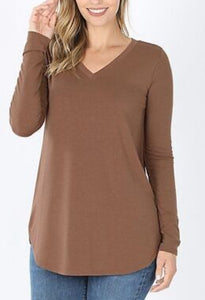 MOCHA LONG SLEEVE V-NECK TOP