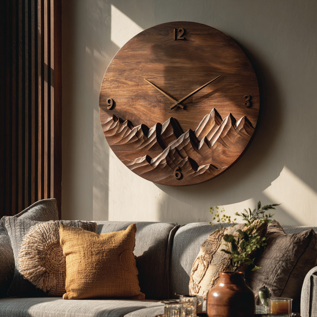 Modern Wall Clock Mountain Landscape, Handcrafted Wooden Hanging Art Timepiece