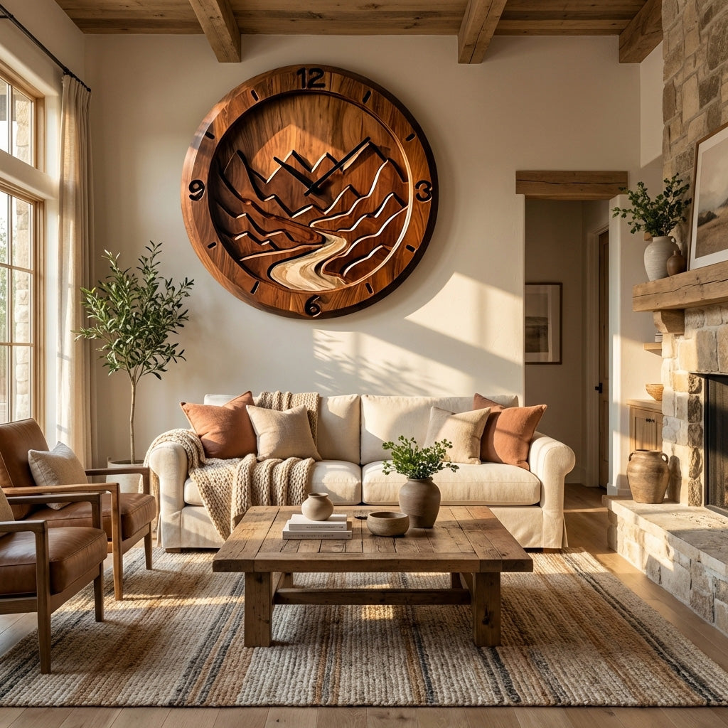 Rustic Wood Wall Clock, Mountain Landscape 3D Hand-Carved Nature Scene Wooden Clock