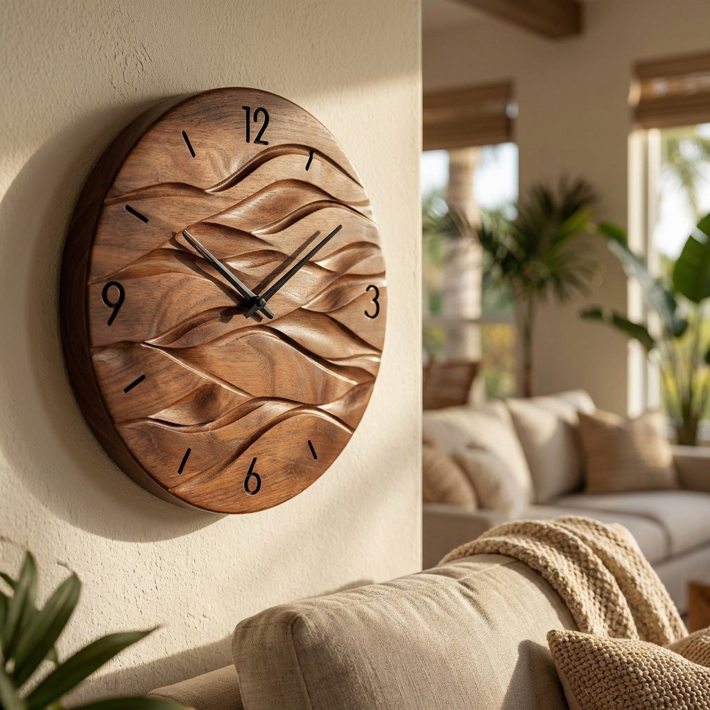 Organic Modern Wood Wave Wall Clock, 3D Hand-Carved Fluid Abstract Clock - view 5