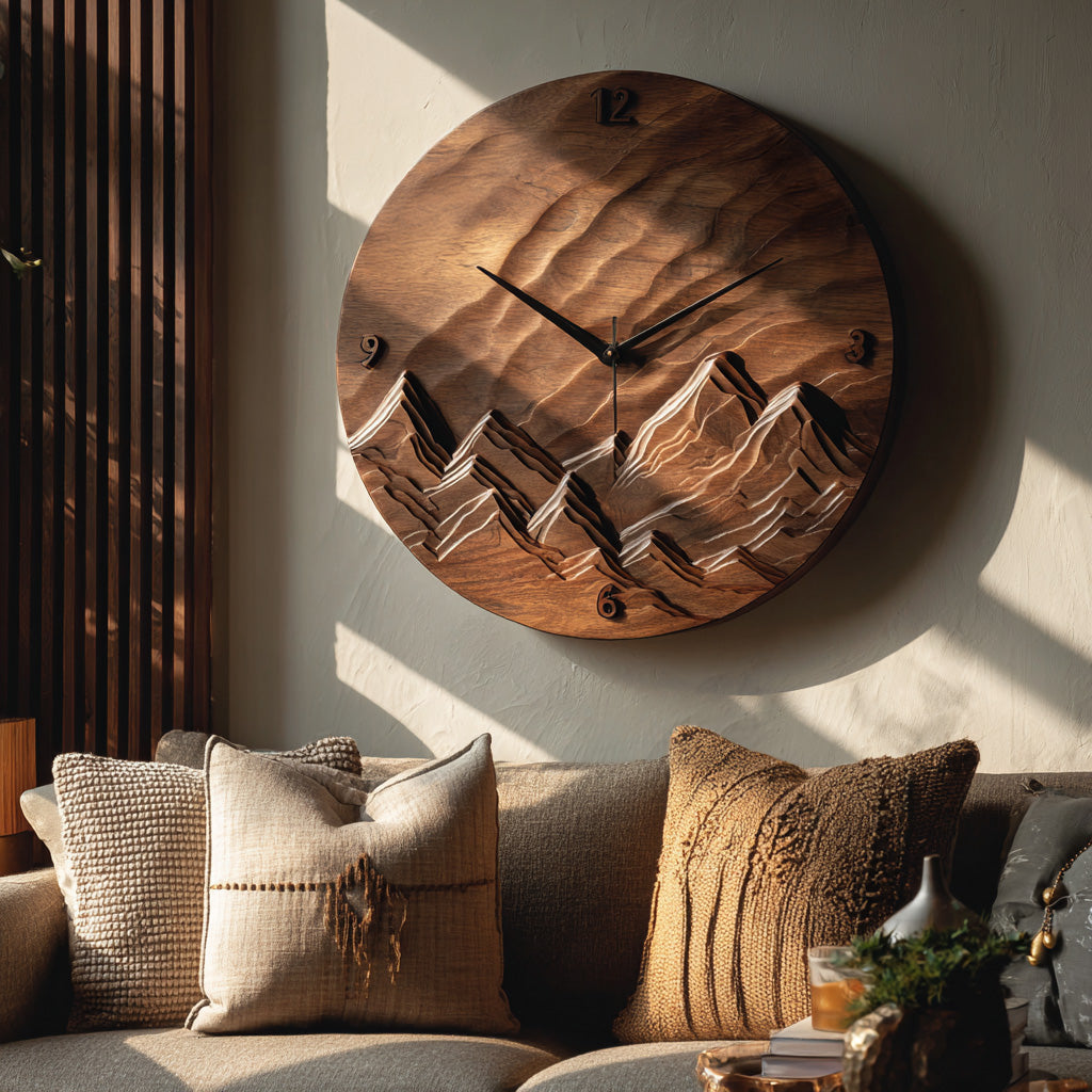 Rustic Wood Landscape Wall Clock, Handcrafted Nature Inspired Wooden Timepiece