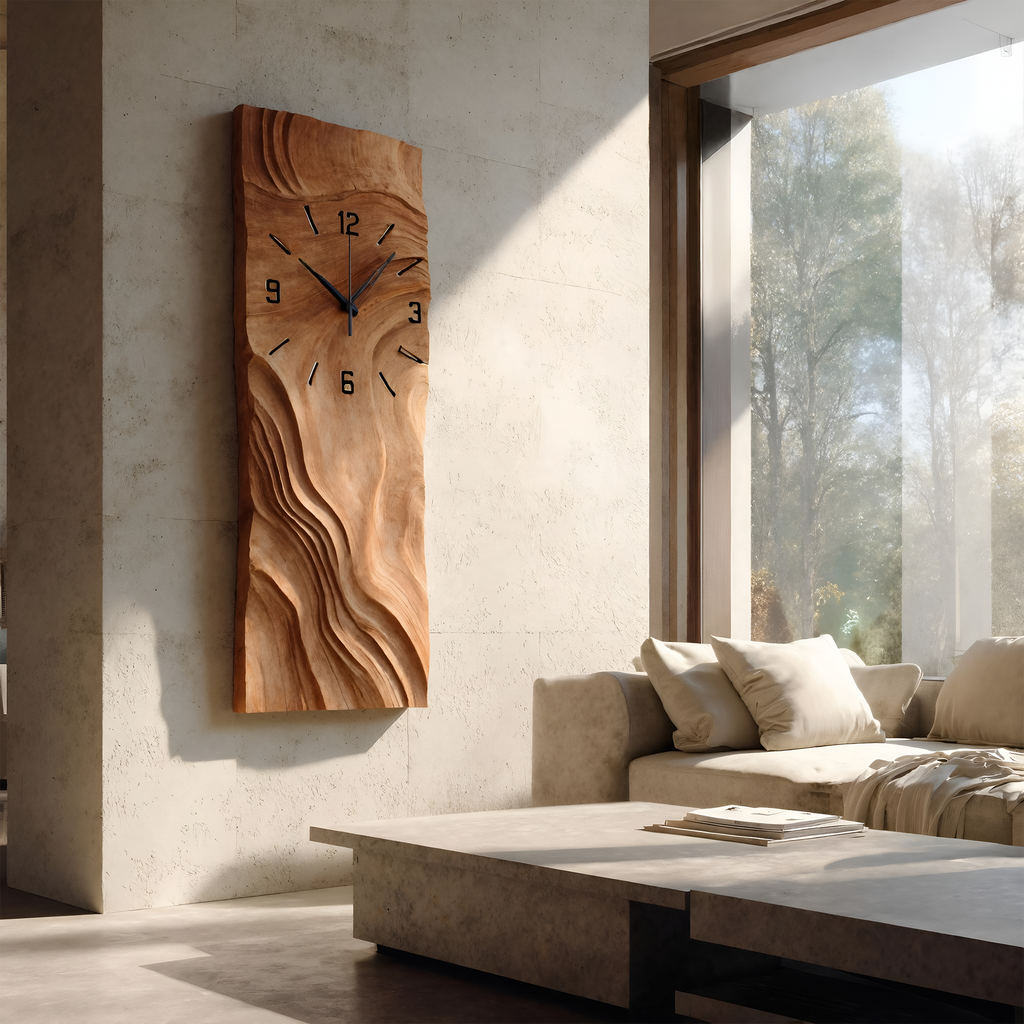 Organic Vertical Sculptural Wall Clock, Handcrafted Modern Wood Hanging Timepiece
