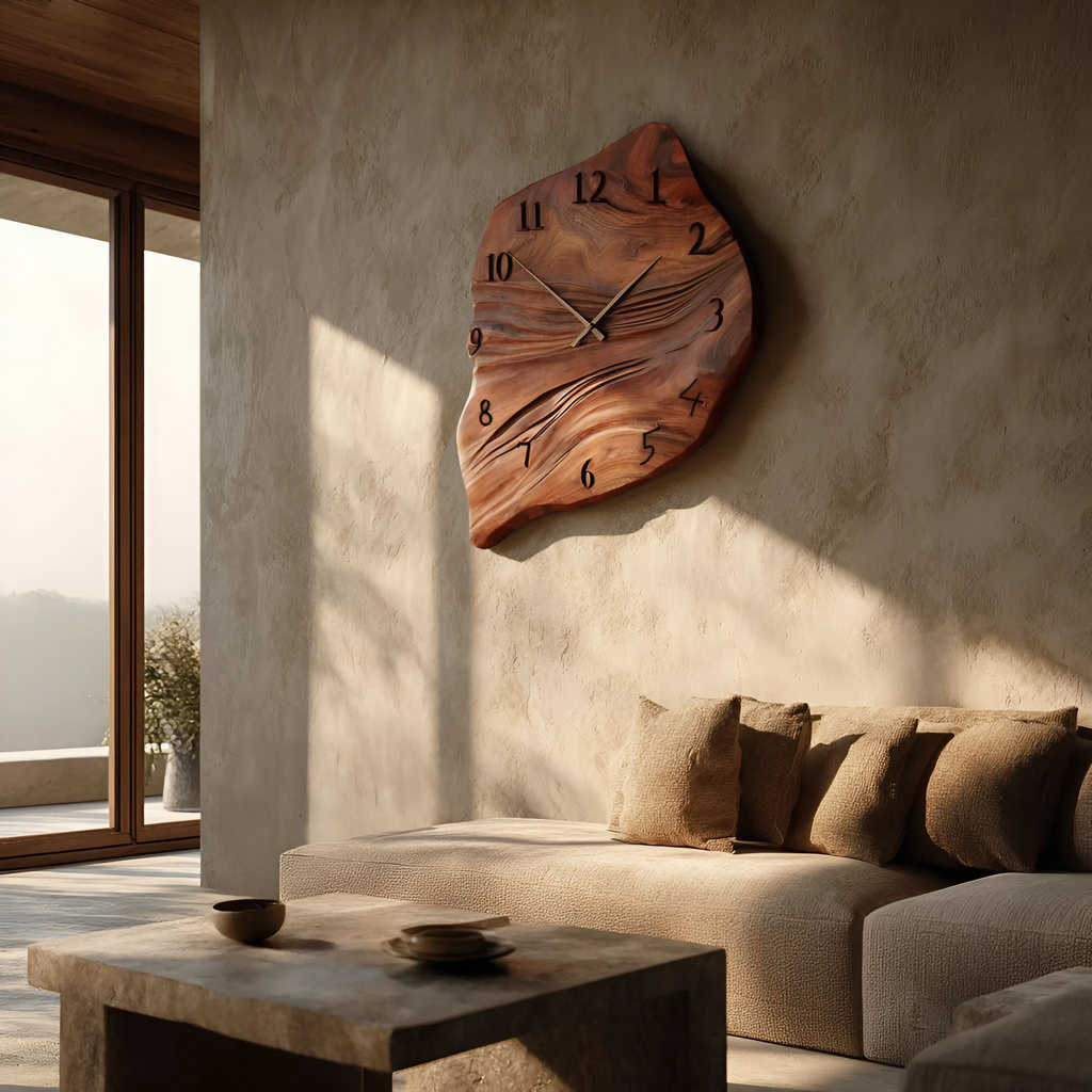 Minimalist Wall Clock, Handcrafted Organic Shape Solid Wood Decorative Timepiece