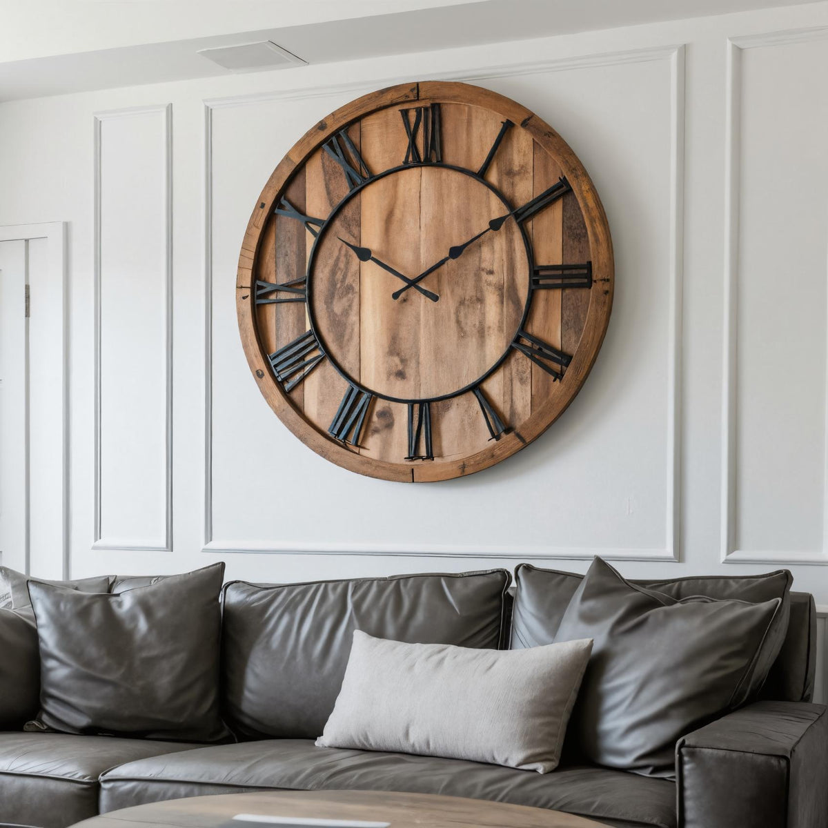 Oversized Rustic Wall Clock with Roman Numerals, Large Farmhouse Wooden Clock