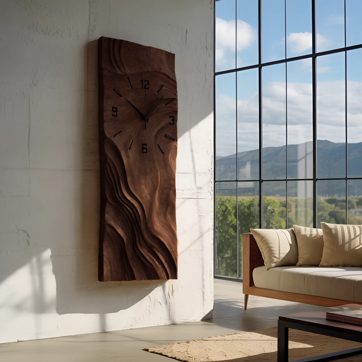 Organic Vertical Sculptural Wall Clock, Handcrafted Modern Wood Hanging Timepiece - view 7