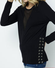 Load image into Gallery viewer, Long Sleeve Black Top with mesh insert and grommet lacing sides.
