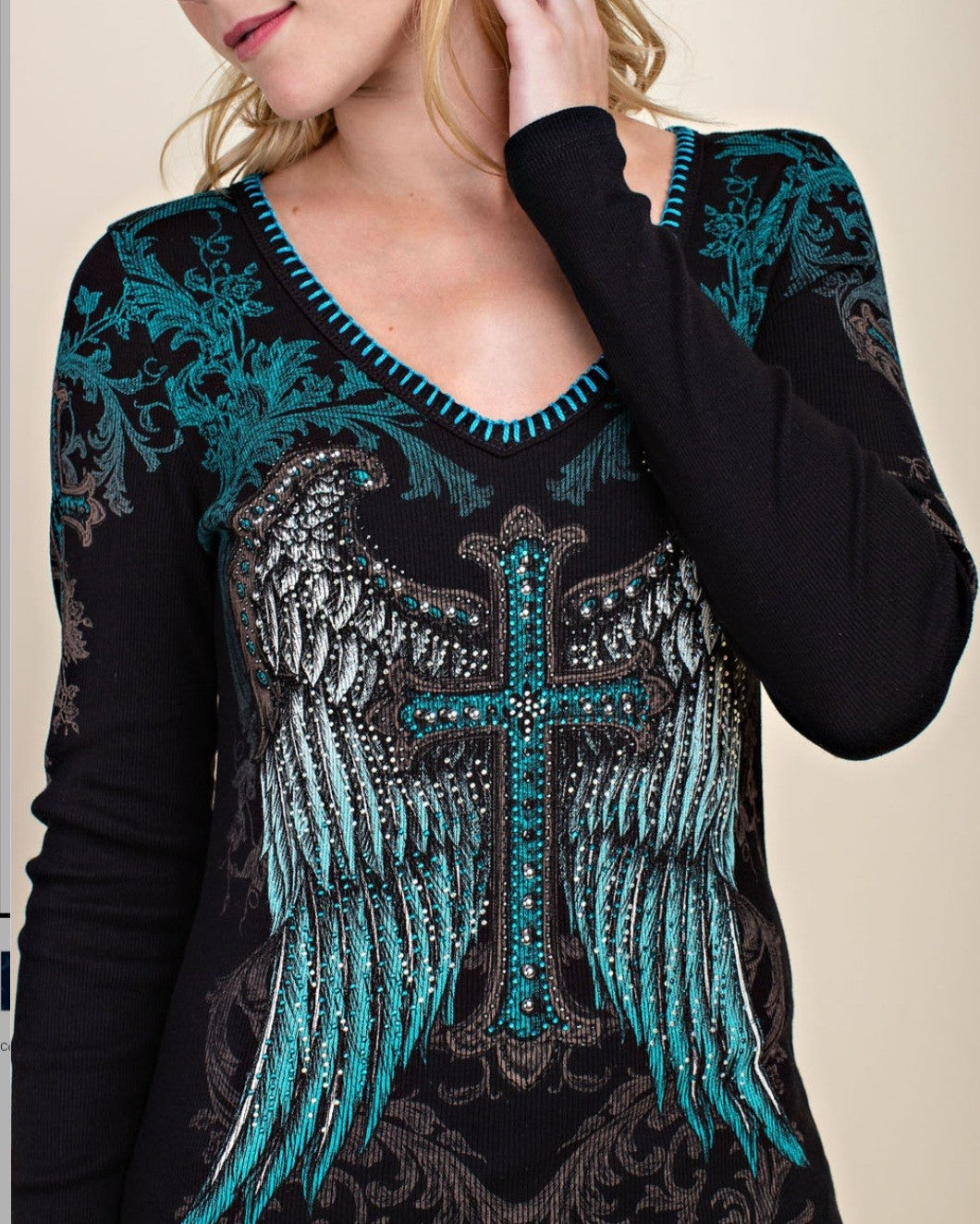 V Neck Long Sleeve Cross with Wings Top