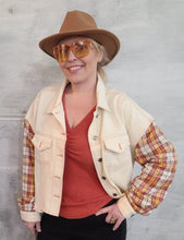 Load image into Gallery viewer, Cream Denim Jacket with Plaid Contrast
