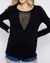 Load image into Gallery viewer, Long Sleeve Black Top with mesh insert and grommet lacing sides.
