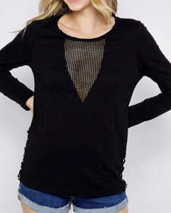 Long Sleeve Black Top with mesh insert and grommet lacing sides.